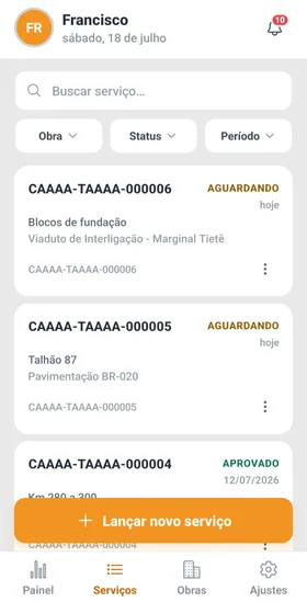 Módulo Campo do QualiT no celular, com a lista de serviços e seus status.